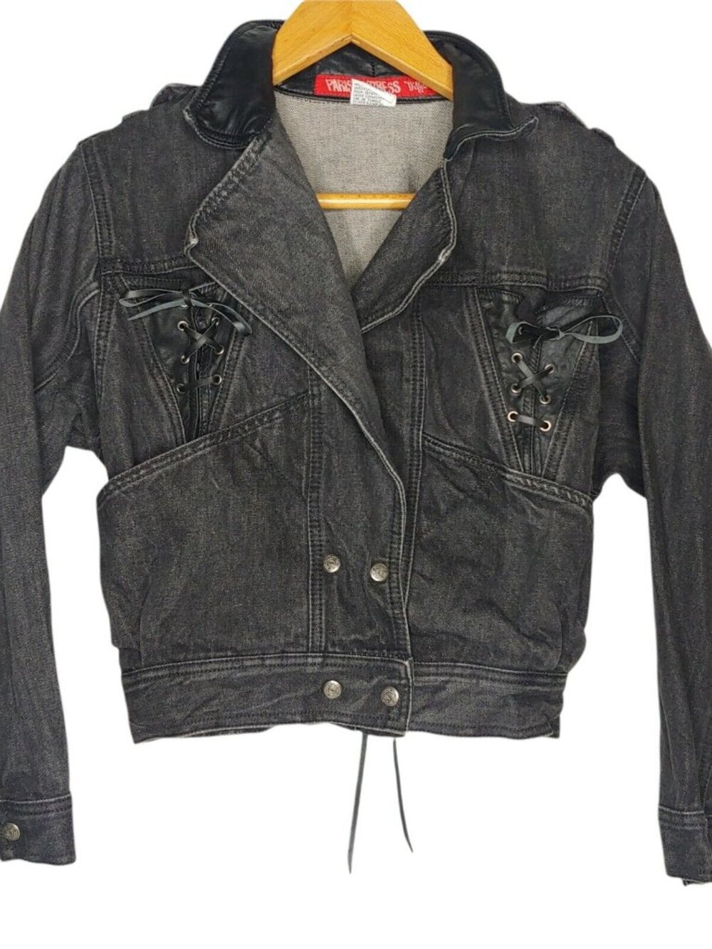 Vintage 1980s Paris Express Denim Jacket Small Snap V Neck Retro Lace Up Crop